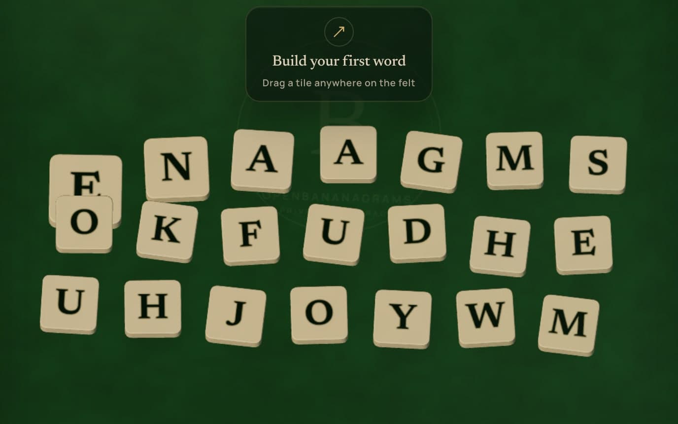 The game's solo practice table: a spread of letter tiles on green felt.