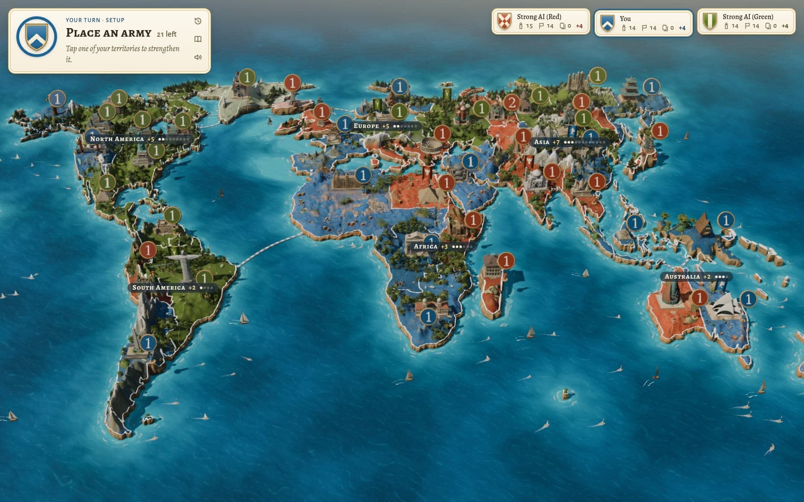 The game's world board just after the deal: every territory held by a blue, red or green player, each with its army count.